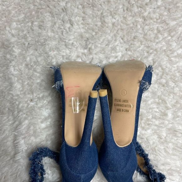 Melly Kanden Blue Denim fringe ankle strap heels sandals size 8.5 - Picture 7 of 9
